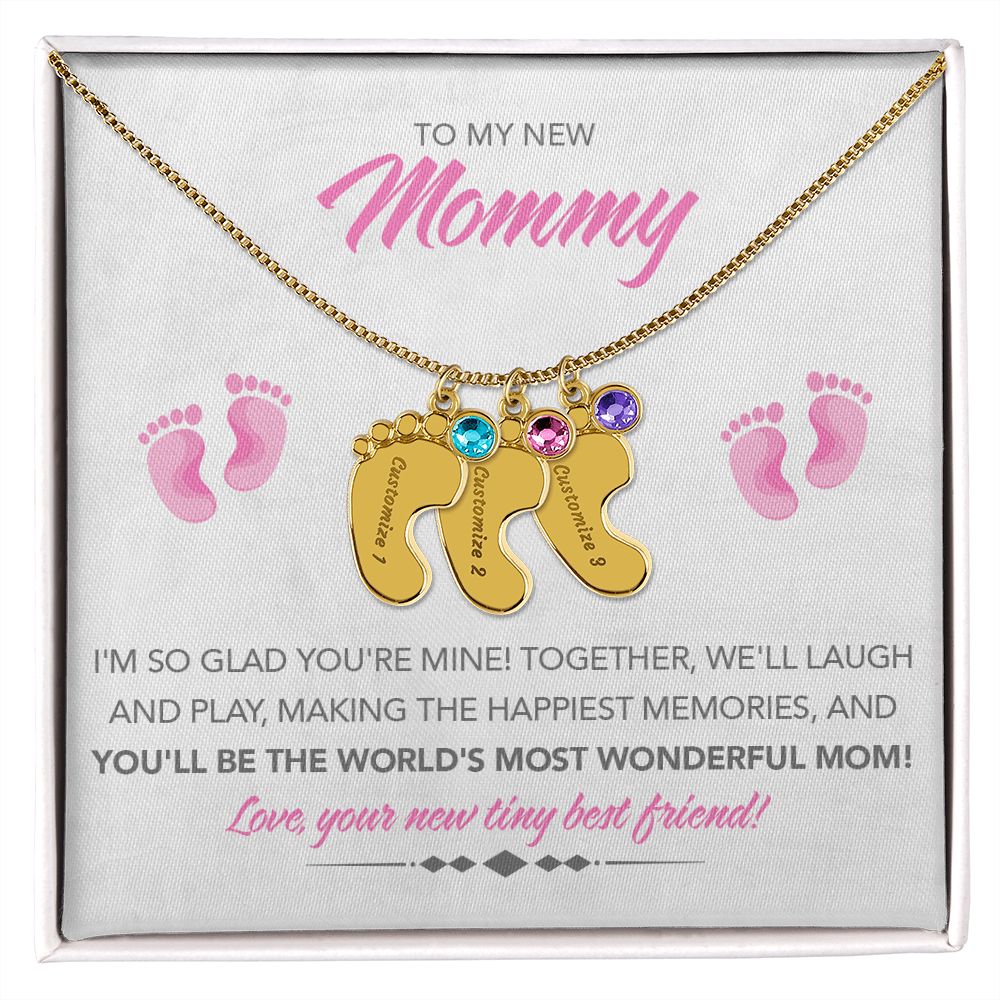 To My New Mommy Personalized Baby Feet Necklace, Glad You're Mine, Pink, Gift for Mom, Mother's Day Gift