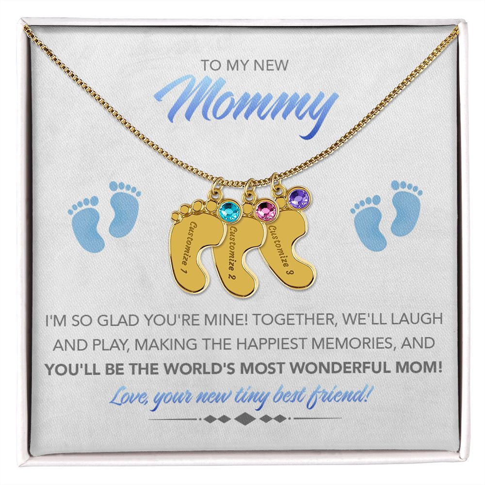 To My New Mommy Personalized Baby Feet Necklace, Glad You're Mine, Blue, Gift for Mom, Mother's Day Gift