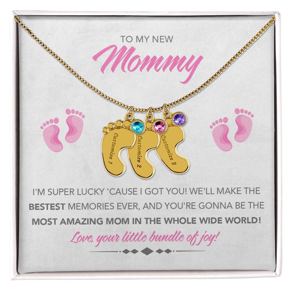 To My New Mommy Personalized Baby Feet Necklace, Super Lucky, Pink, Gift for Mom, Mother's Day Gift