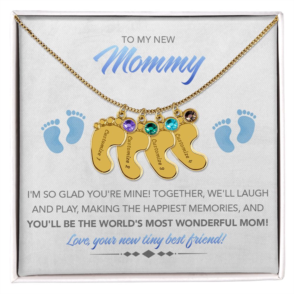 To My New Mommy Personalized Baby Feet Necklace, Glad You're Mine, Blue, Gift for Mom, Mother's Day Gift