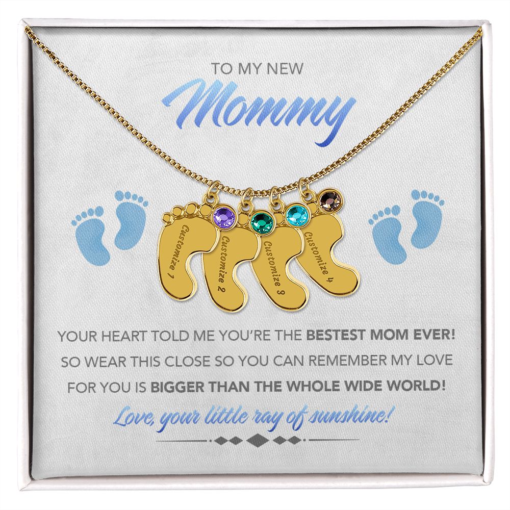 To My New Mommy Personalized Baby Feet Necklace, Bigger Than, Blue, Gift for Mom, Mother's Day Gift