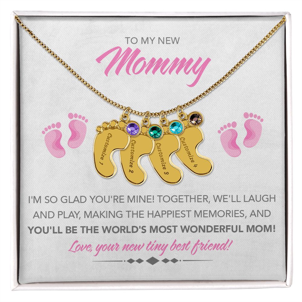 To My New Mommy Personalized Baby Feet Necklace, Glad You're Mine, Pink, Gift for Mom, Mother's Day Gift