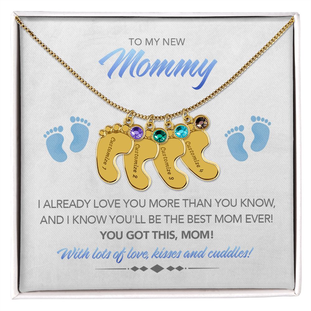 To My New Mommy Personalized Baby Feet Necklace, You Got This, Blue, Gift for Mom, Mother's Day Gift