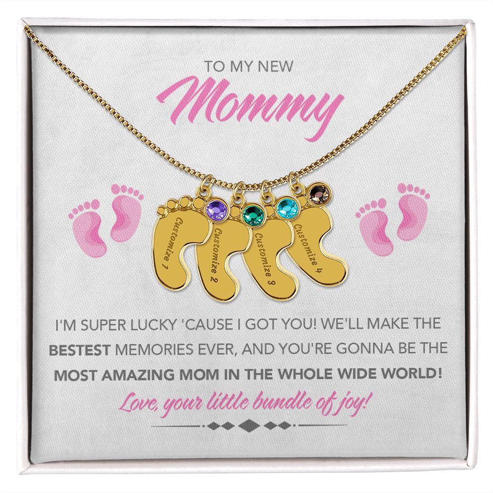 To My New Mommy Personalized Baby Feet Necklace, Super Lucky, Pink, Gift for Mom, Mother's Day Gift