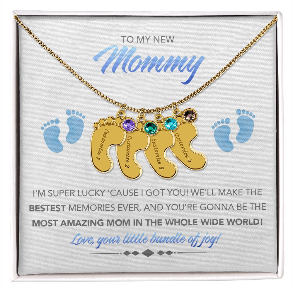 To My New Mommy Personalized Baby Feet Necklace, Super Lucky, Blue, Gift for Mom, Mother's Day Gift