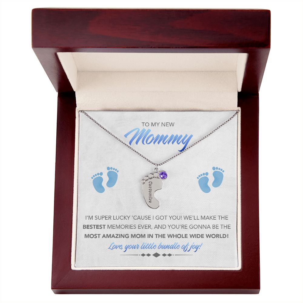 To My New Mommy Personalized Baby Feet Necklace, Super Lucky, Blue, Gift for Mom, Mother's Day Gift