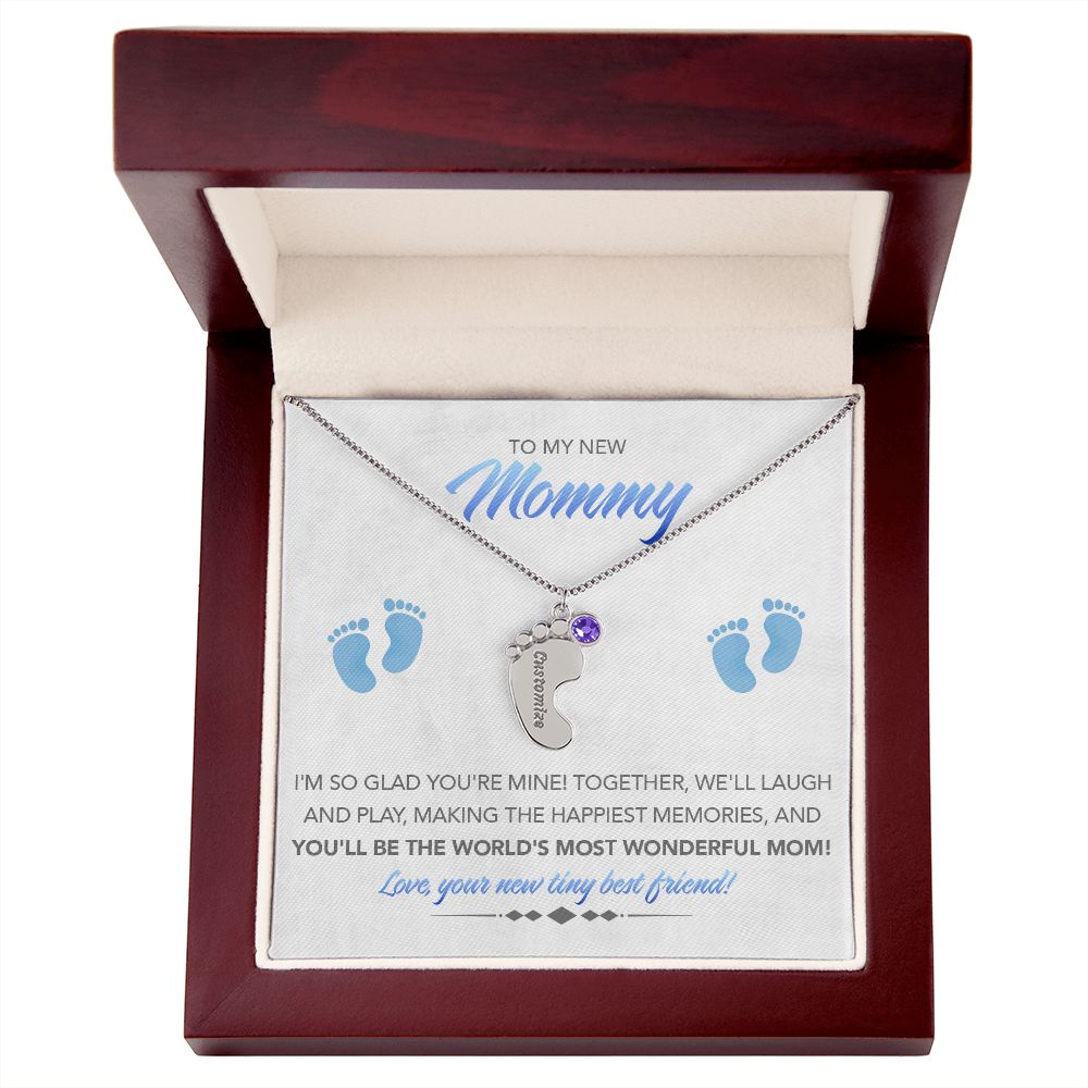 To My New Mommy Personalized Baby Feet Necklace, Glad You're Mine, Blue, Gift for Mom, Mother's Day Gift