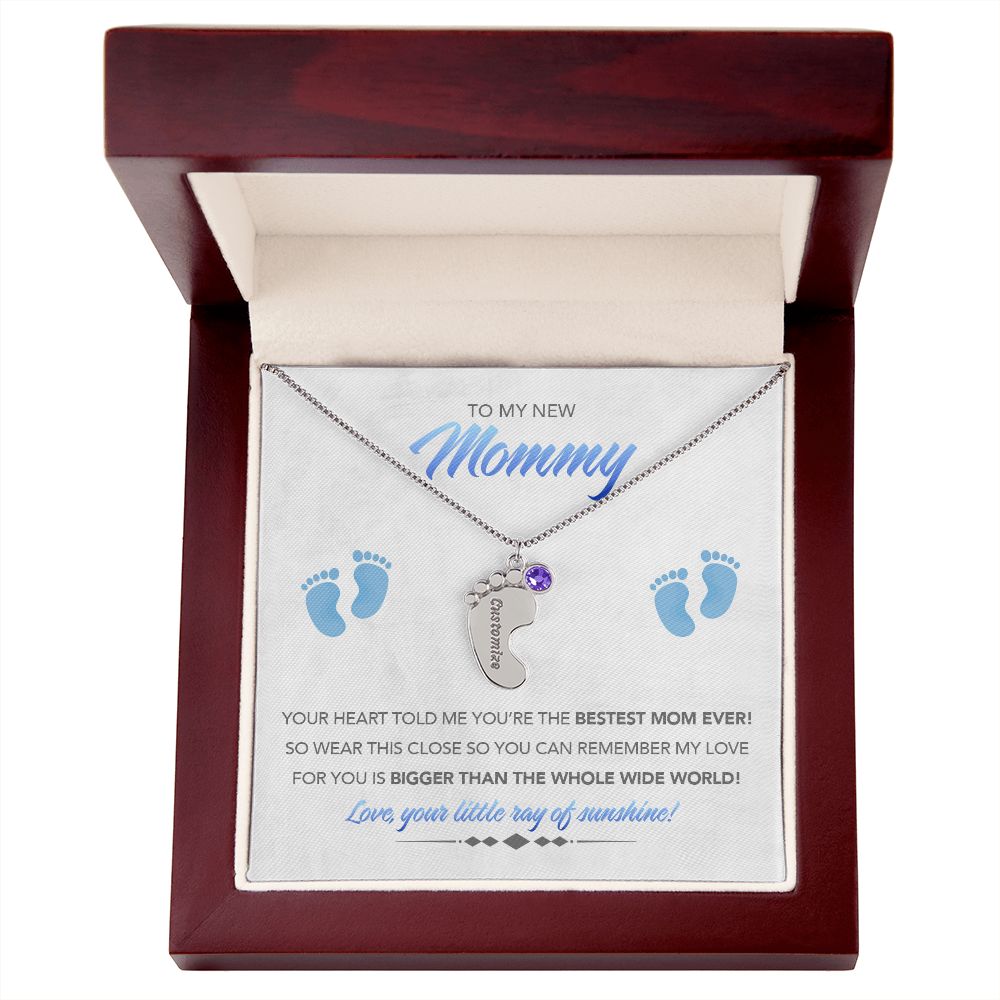 To My New Mommy Personalized Baby Feet Necklace, Bigger Than, Blue, Gift for Mom, Mother's Day Gift