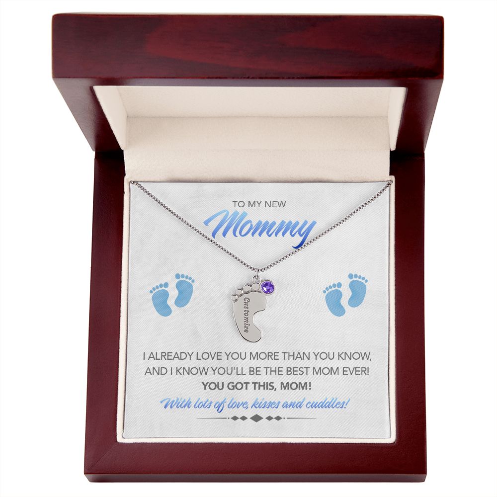 To My New Mommy Personalized Baby Feet Necklace, You Got This, Blue, Gift for Mom, Mother's Day Gift