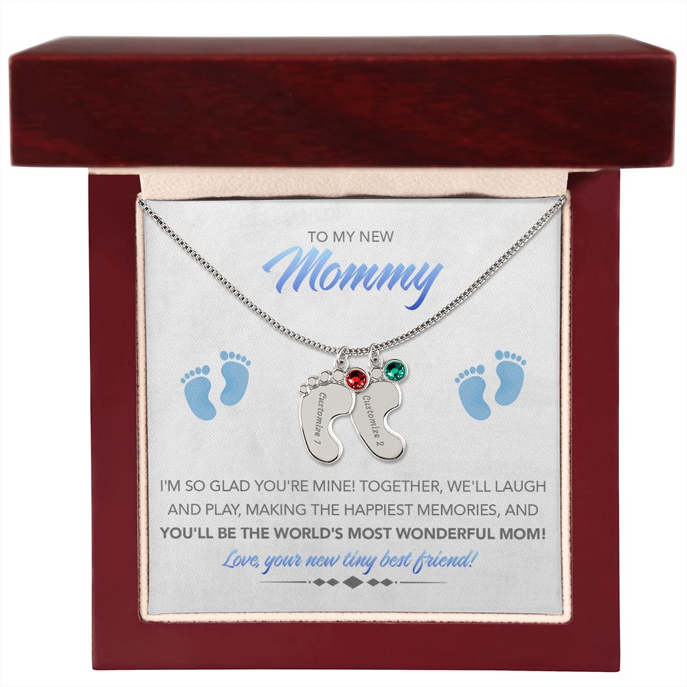 To My New Mommy Personalized Baby Feet Necklace, Glad You're Mine, Blue, Gift for Mom, Mother's Day Gift