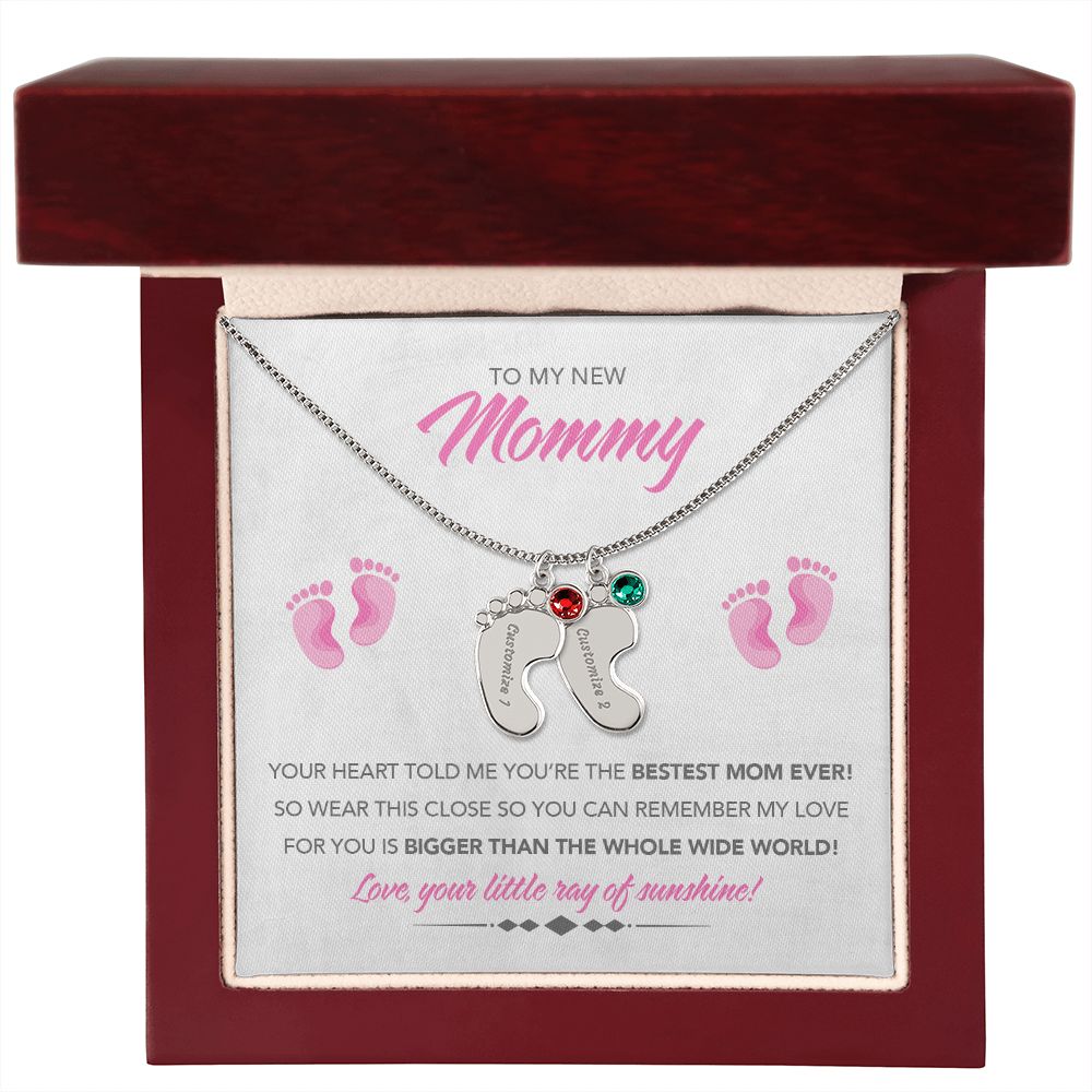 To My New Mommy Personalized Baby Feet Necklace, Bigger Than, Pink, Gift for Mom, Mother's Day Gift