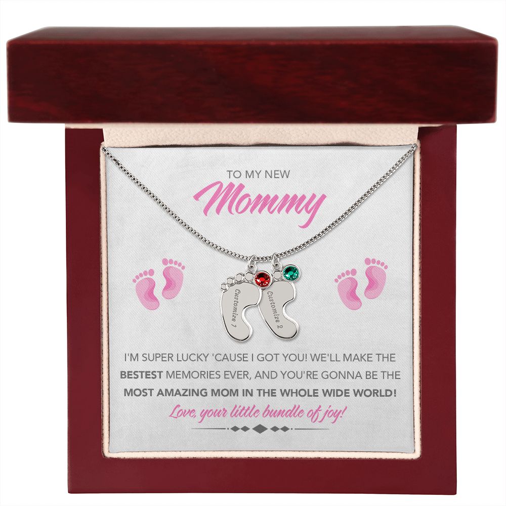 To My New Mommy Personalized Baby Feet Necklace, Super Lucky, Pink, Gift for Mom, Mother's Day Gift