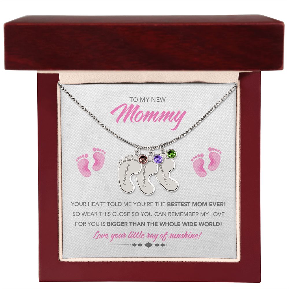 To My New Mommy Personalized Baby Feet Necklace, Bigger Than, Pink, Gift for Mom, Mother's Day Gift