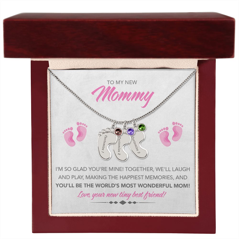 To My New Mommy Personalized Baby Feet Necklace, Glad You're Mine, Pink, Gift for Mom, Mother's Day Gift