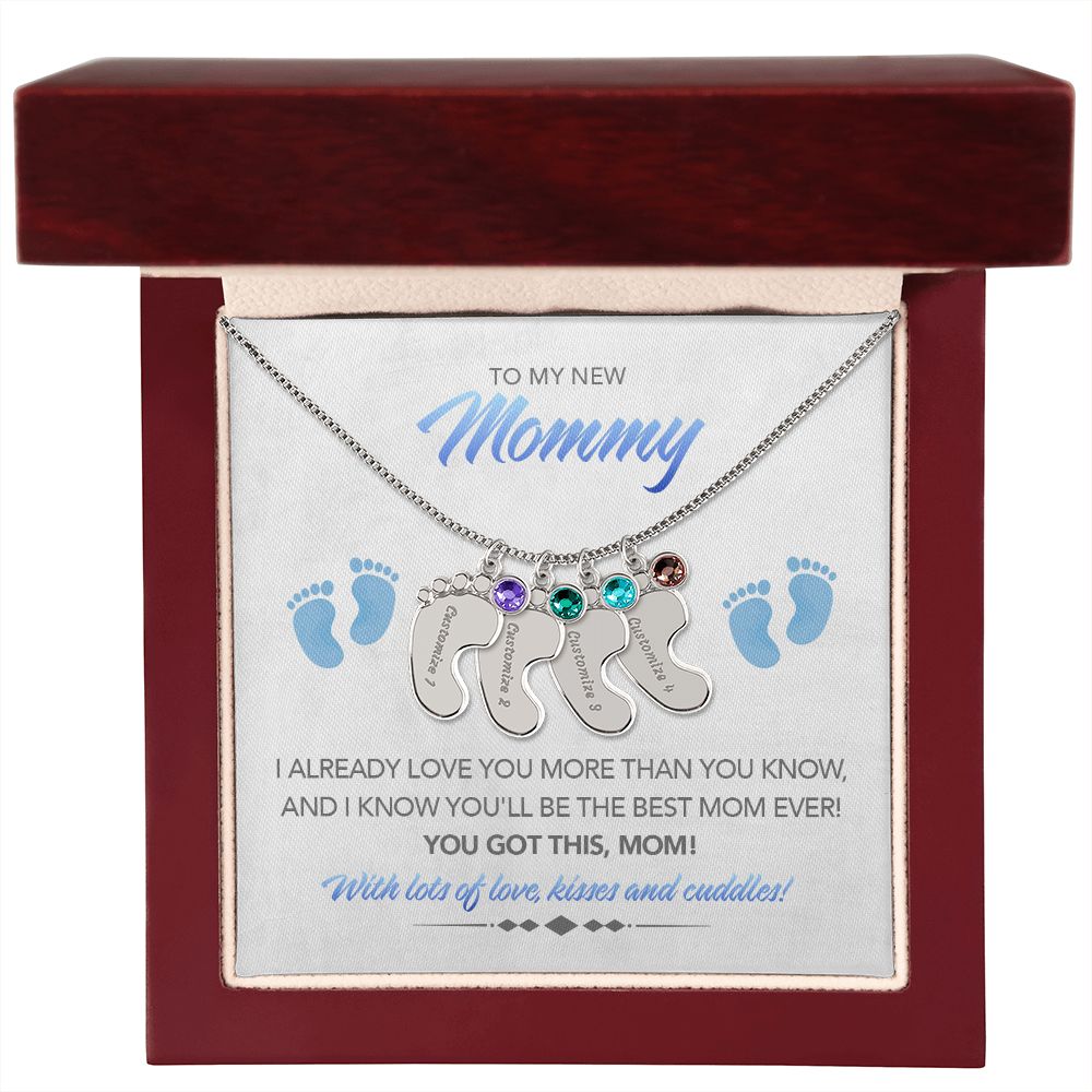 To My New Mommy Personalized Baby Feet Necklace, You Got This, Blue, Gift for Mom, Mother's Day Gift