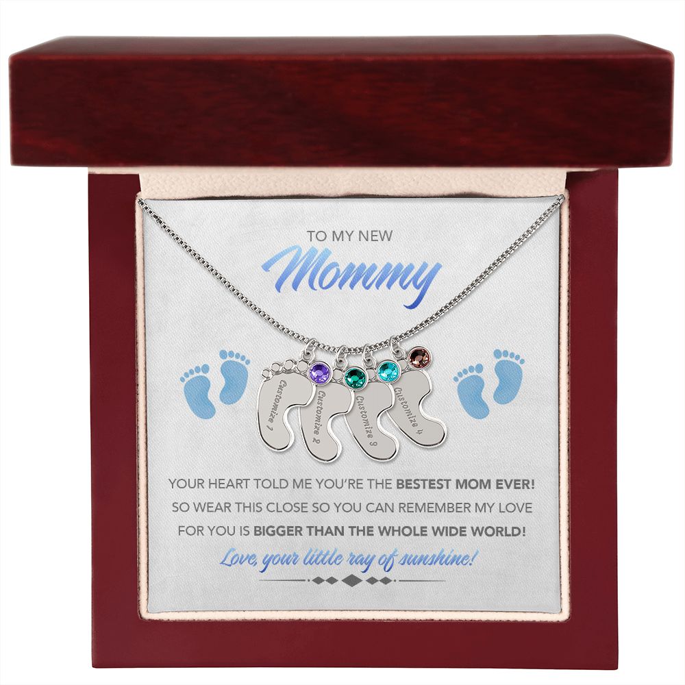 To My New Mommy Personalized Baby Feet Necklace, Bigger Than, Blue, Gift for Mom, Mother's Day Gift