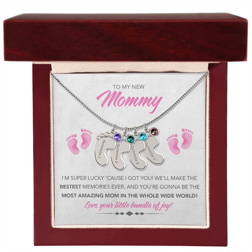 To My New Mommy Personalized Baby Feet Necklace, Super Lucky, Pink, Gift for Mom, Mother's Day Gift