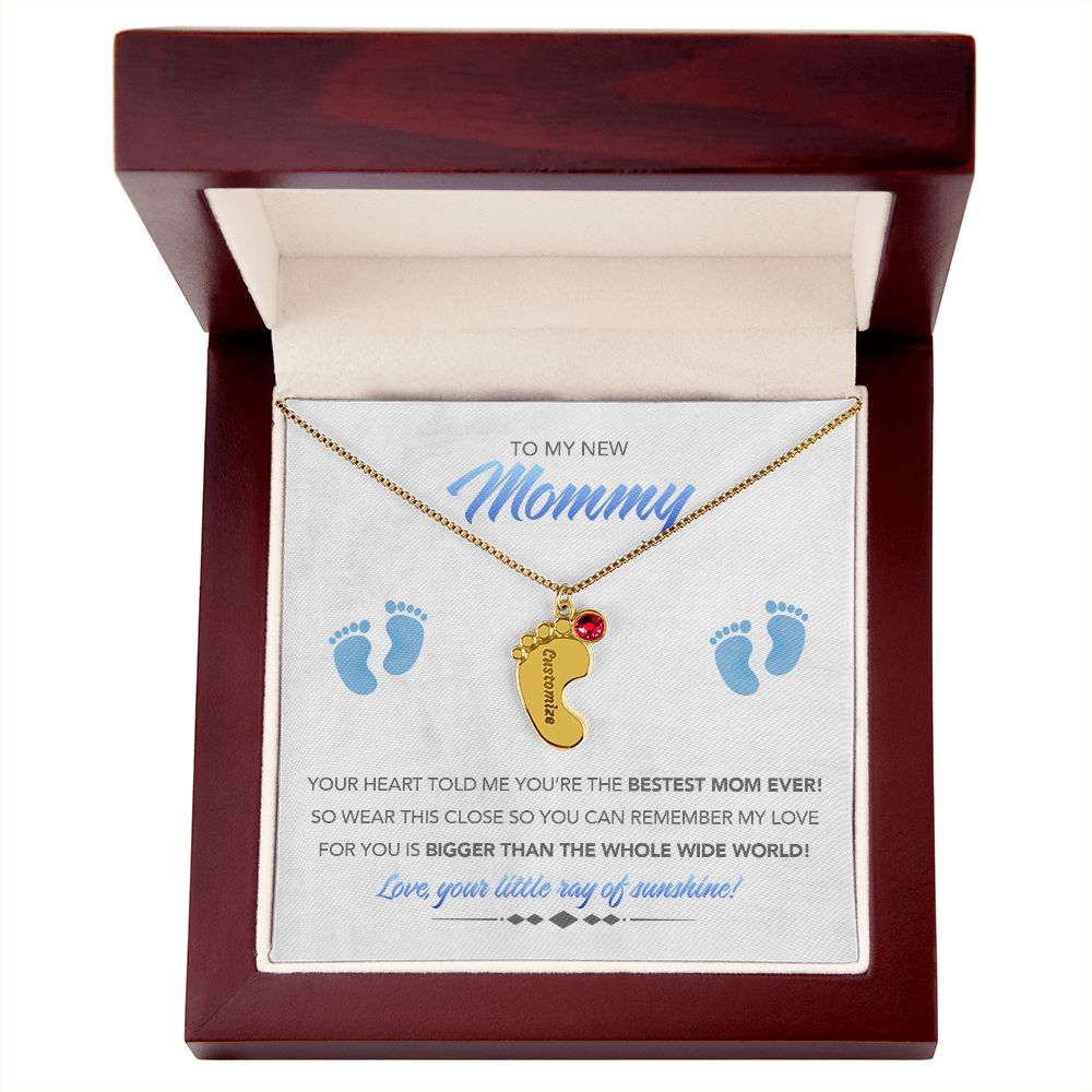 To My New Mommy Personalized Baby Feet Necklace, Bigger Than, Blue, Gift for Mom, Mother's Day Gift