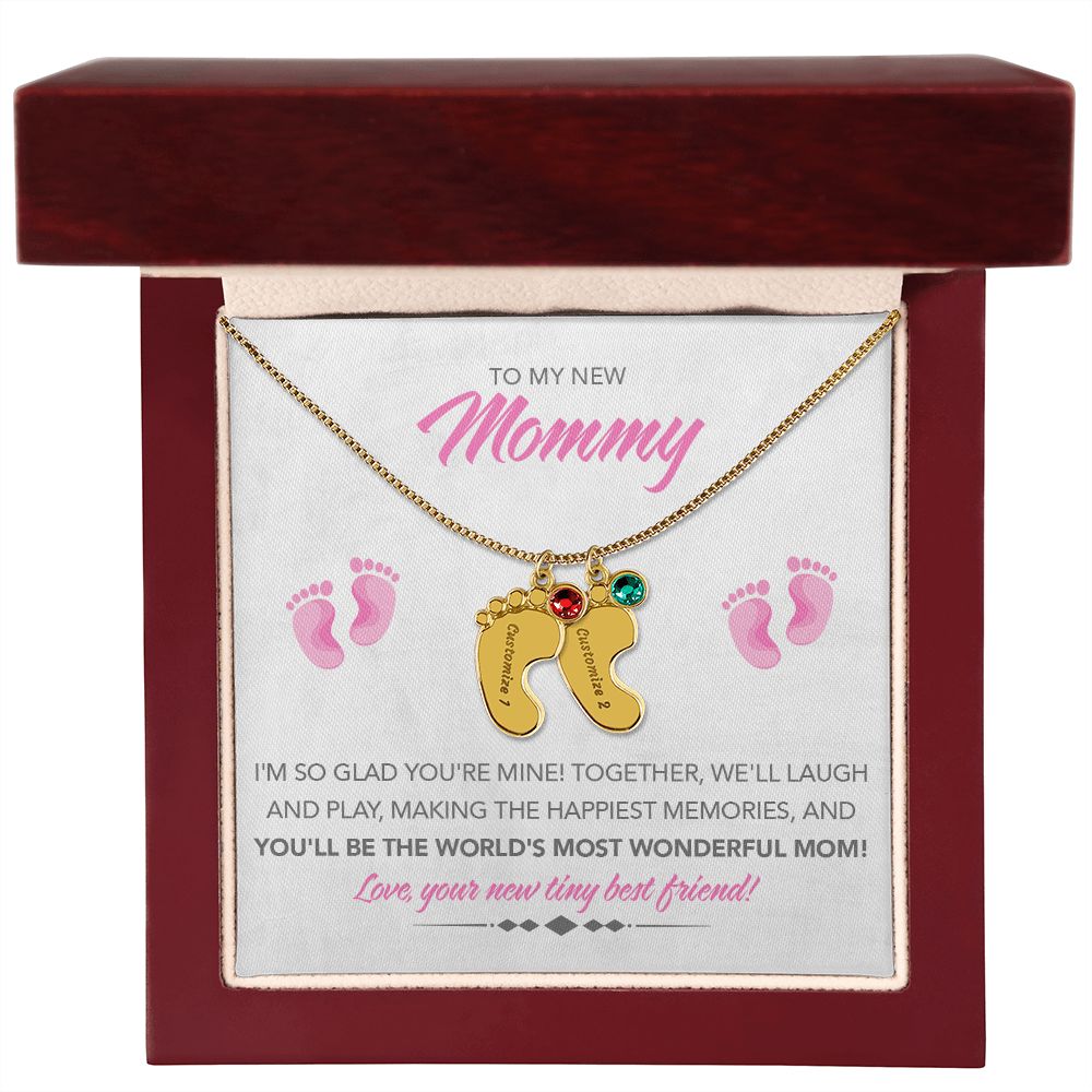 To My New Mommy Personalized Baby Feet Necklace, Glad You're Mine, Pink, Gift for Mom, Mother's Day Gift