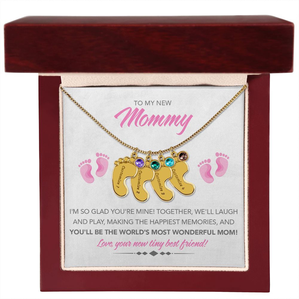 To My New Mommy Personalized Baby Feet Necklace, Glad You're Mine, Pink, Gift for Mom, Mother's Day Gift