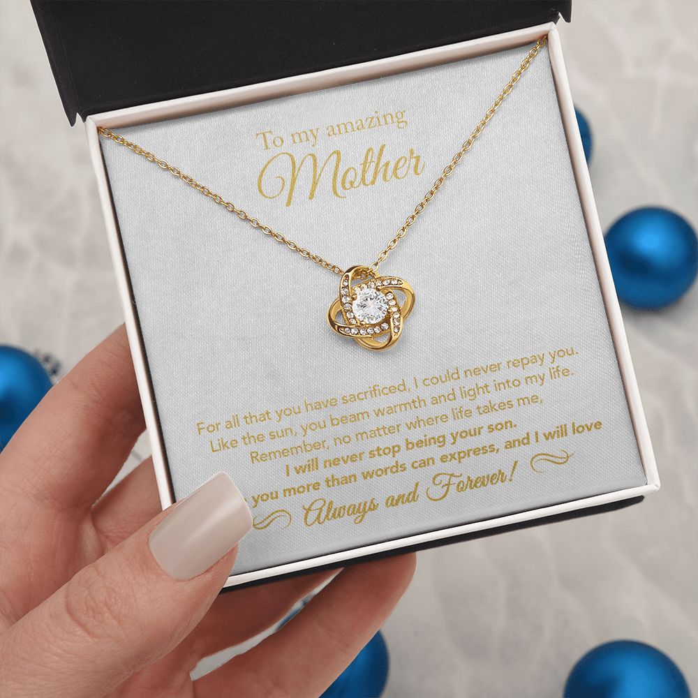 18K Yellow Gold Finish Love Knot Necklace in Two-Toned Gift box as a gift for mom from son