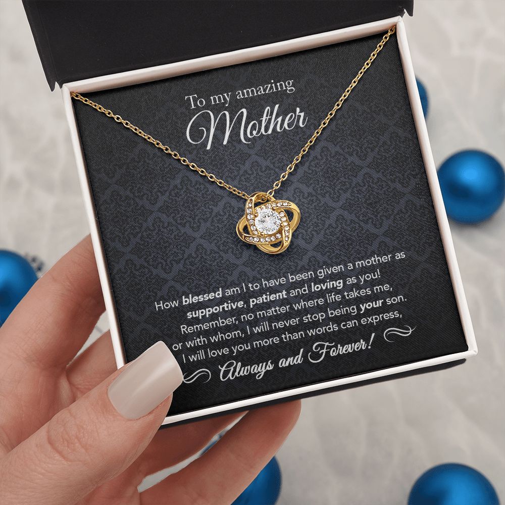 18K Yellow Gold Finish Love Knot Necklace in Two-Toned Gift Box as a gift for mom from son