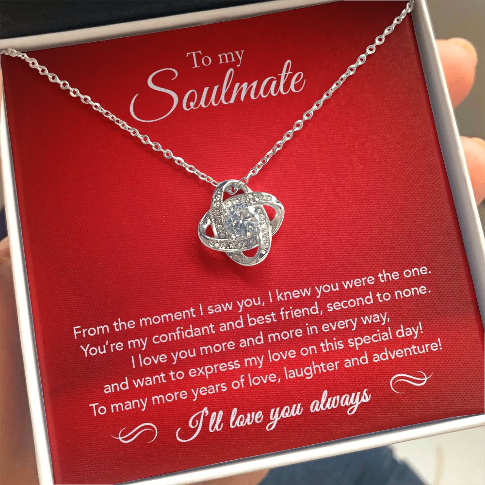 To My Soulmate - Confidant & Best Friend - Love Knot Necklace - Crimson Message Card