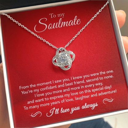 To My Soulmate - Confidant & Best Friend - Love Knot Necklace - Crimson Message Card