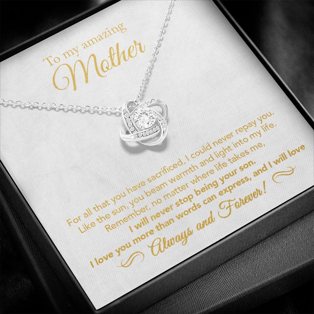 14K White Gold Finish Love Knot Necklace in Two-Toned Gift Box as a gift for mother from son