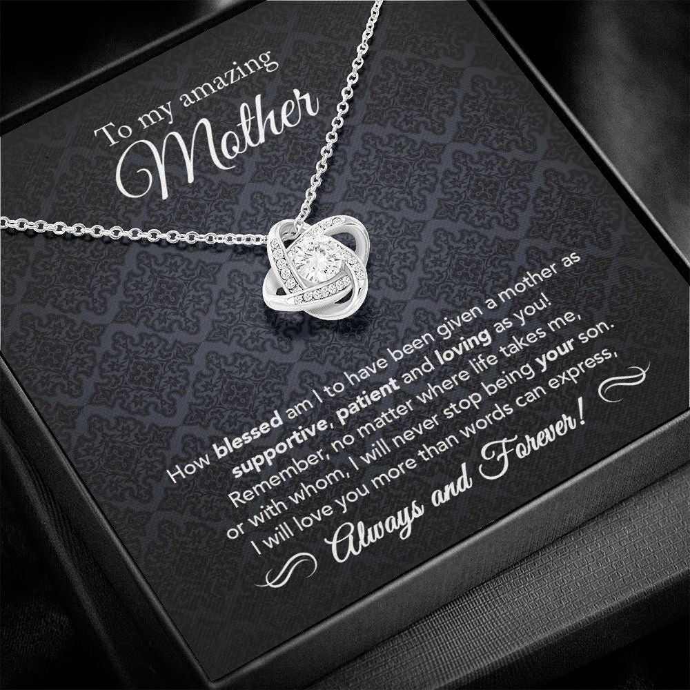 14K White Gold Finish Love Knot Necklace in Two-Toned Gift Box as a gift for Mom from son