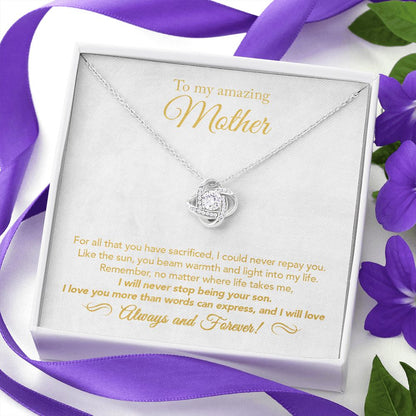 To My Mother Gift Love Knot Necklace Message Card Gift from Son to