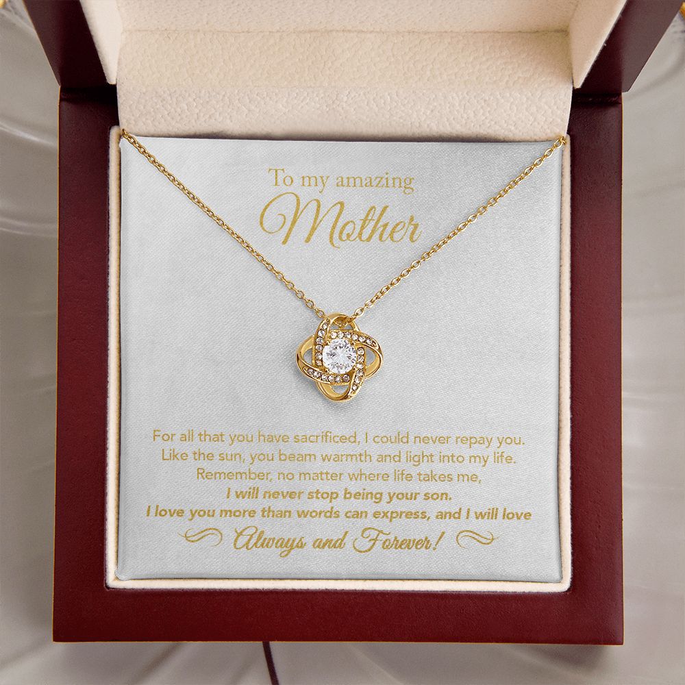 18K Yellow Gold Finish Love Knot Necklace open inside of the mahogany style gift box on display