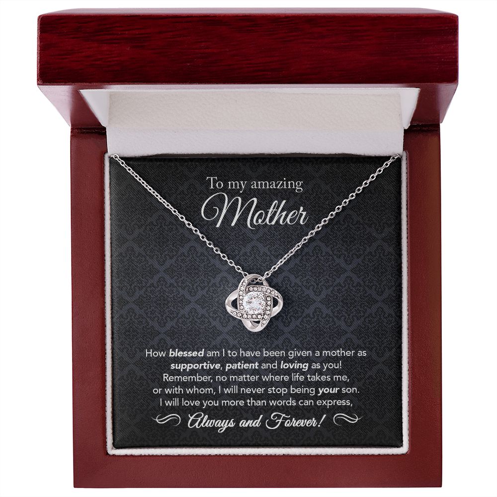 14K White Gold Finish Love Knot Necklace in Mahogany Type Luxury Box with LED as a gift for mom from son