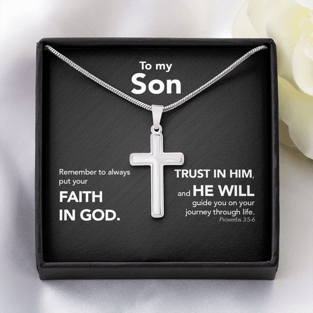 To My Son - Stainless Steel Cross Necklace - Trust In The Lord - Midnight Marble