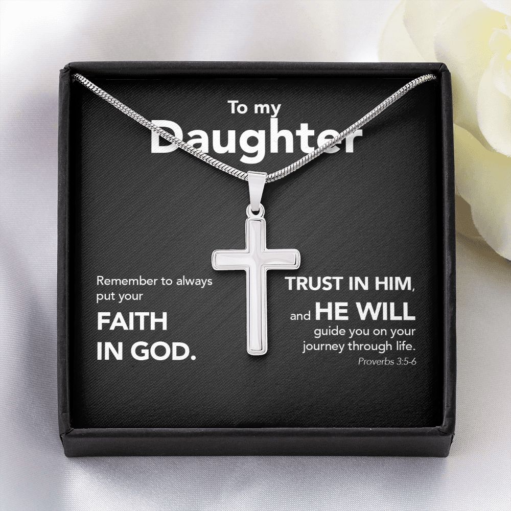To My Daughter - Stainless Steel Cross Necklace - Trust In The Lord - Midnight Marble
