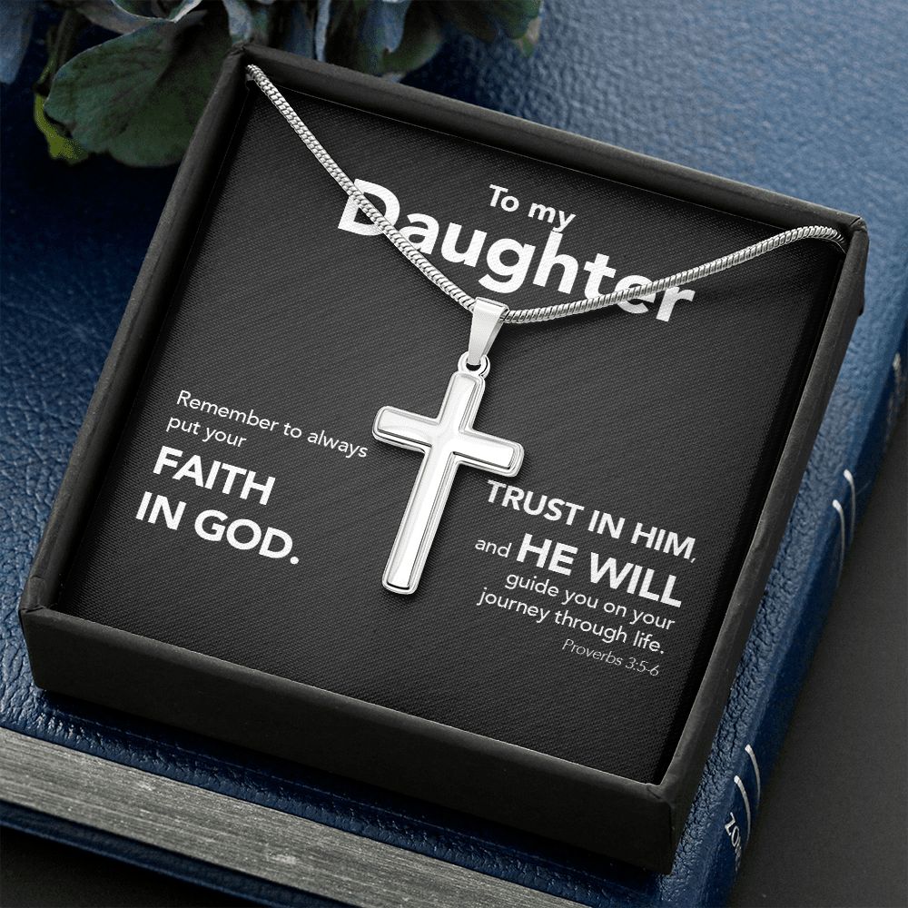 To My Daughter - Stainless Steel Cross Necklace - Trust In The Lord - Midnight Marble