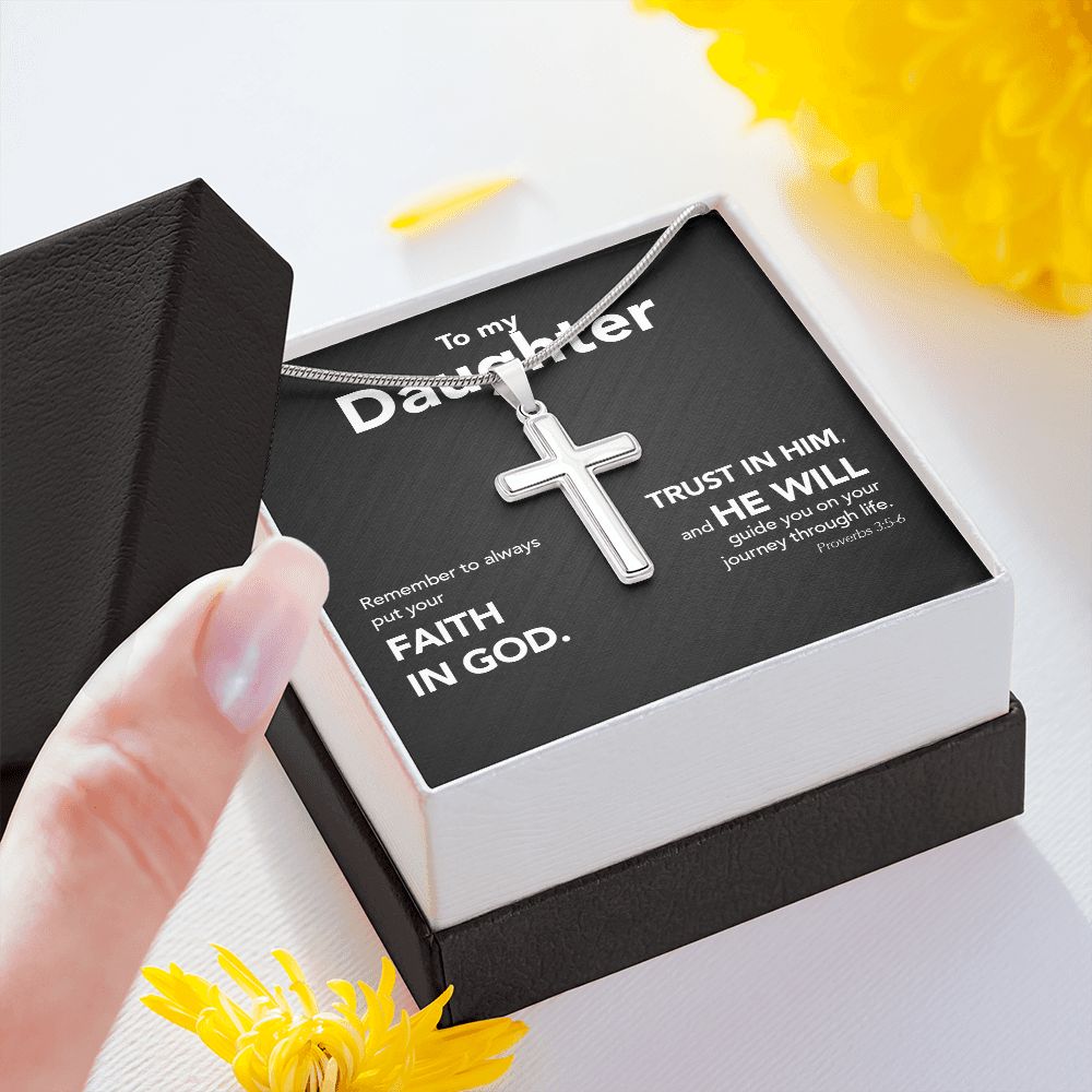 To My Daughter - Stainless Steel Cross Necklace - Trust In The Lord - Midnight Marble