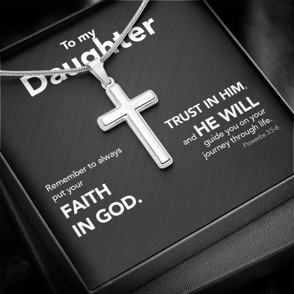 To My Daughter - Stainless Steel Cross Necklace - Trust In The Lord - Midnight Marble