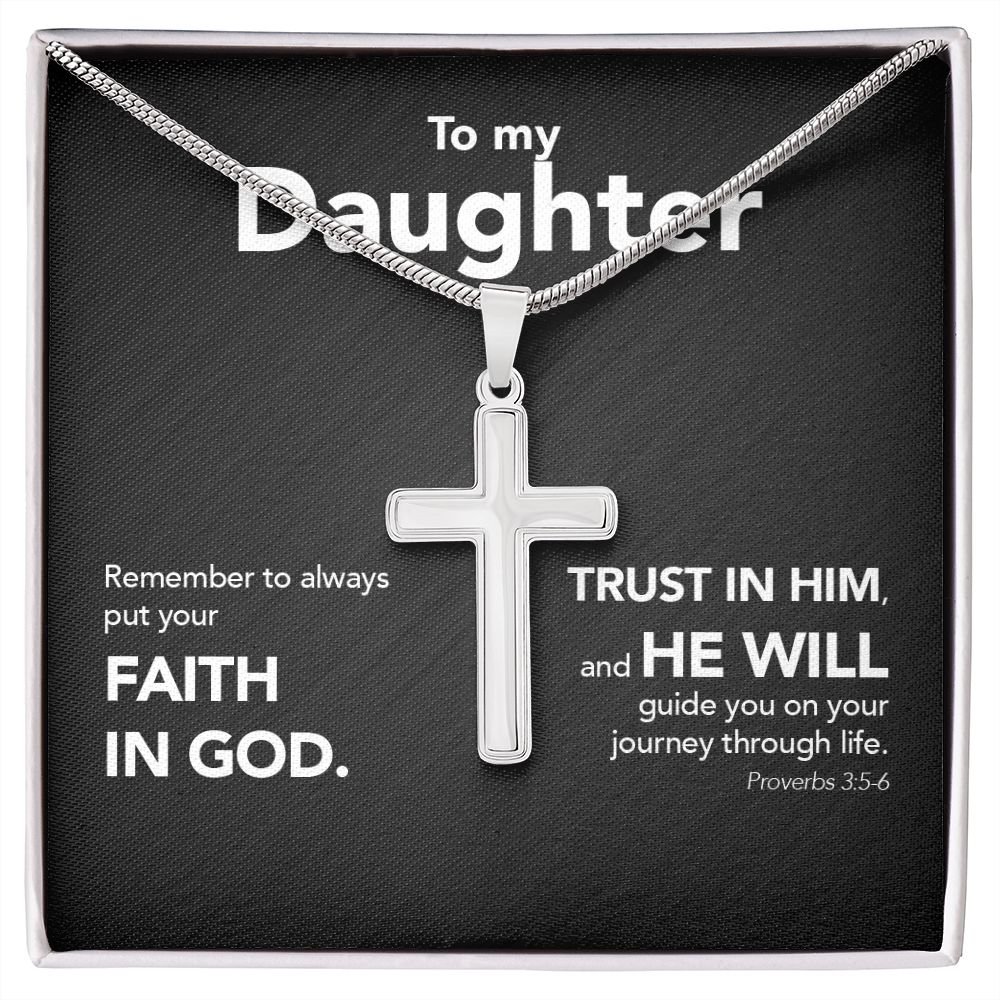 To My Daughter - Stainless Steel Cross Necklace - Trust In The Lord - Midnight Marble