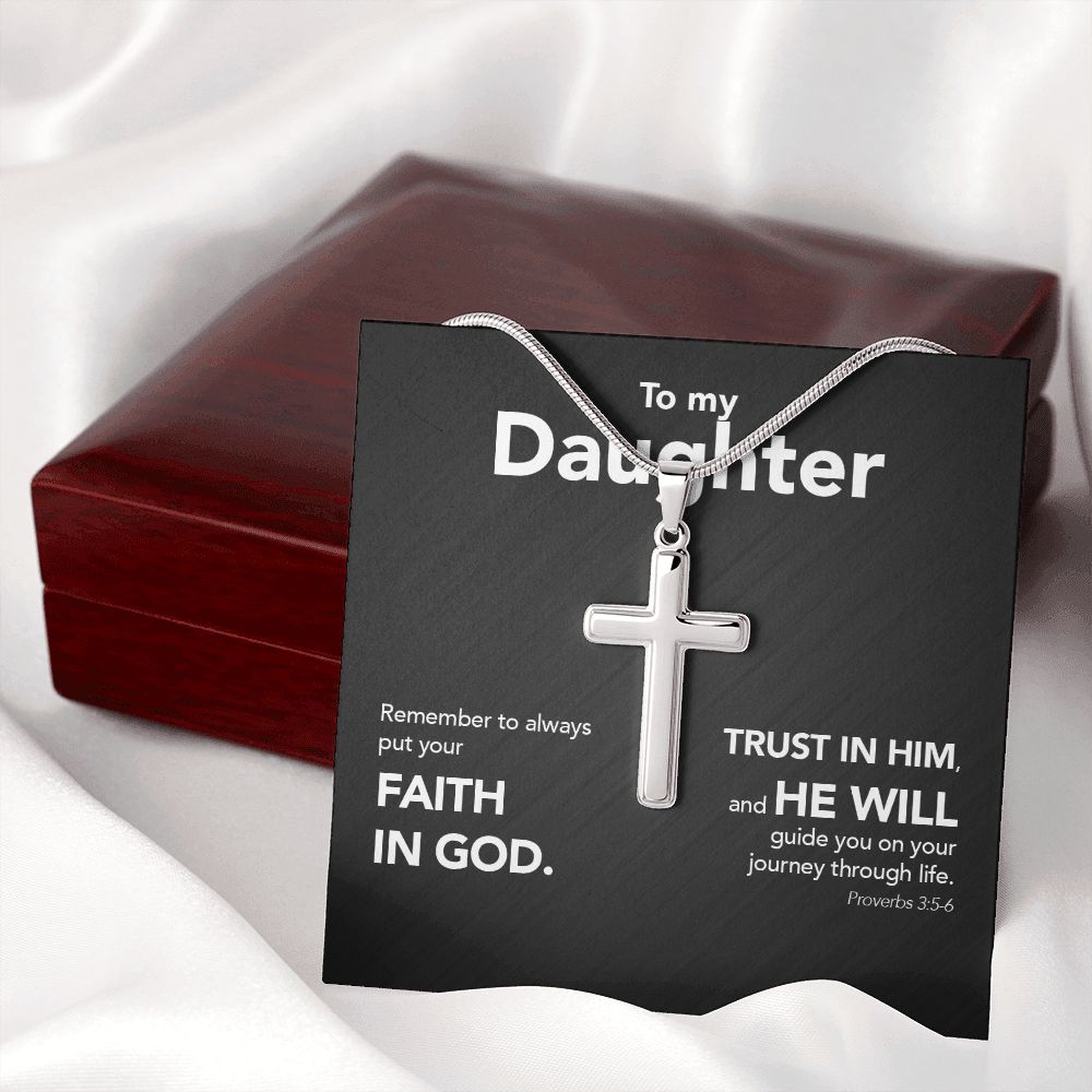 To My Daughter - Stainless Steel Cross Necklace - Trust In The Lord - Midnight Marble