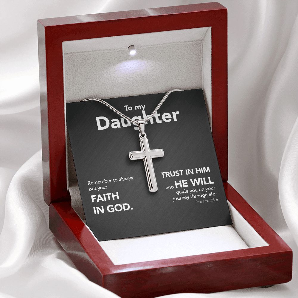 To My Daughter - Stainless Steel Cross Necklace - Trust In The Lord - Midnight Marble
