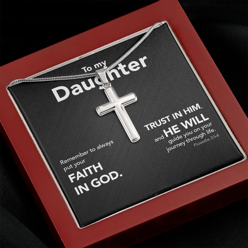 To My Daughter - Stainless Steel Cross Necklace - Trust In The Lord - Midnight Marble