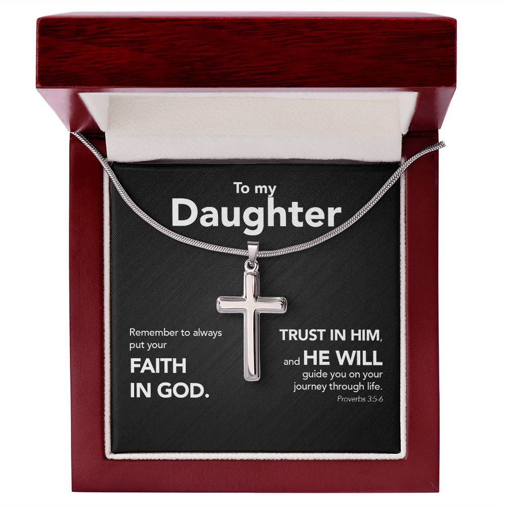 To My Daughter - Stainless Steel Cross Necklace - Trust In The Lord - Midnight Marble