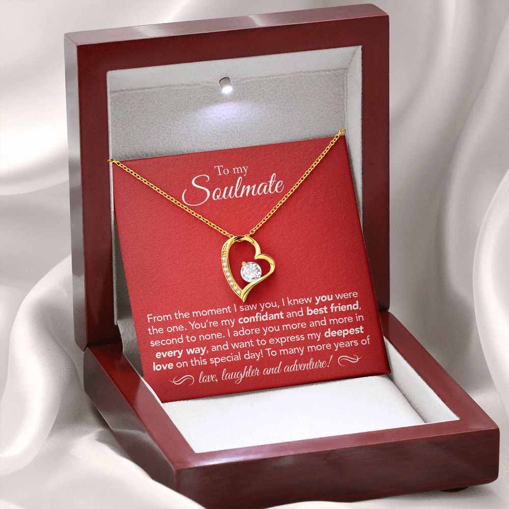 Forever Love Necklace, 14K White Gold Finish in mahogany style gift box with LED on display with light on